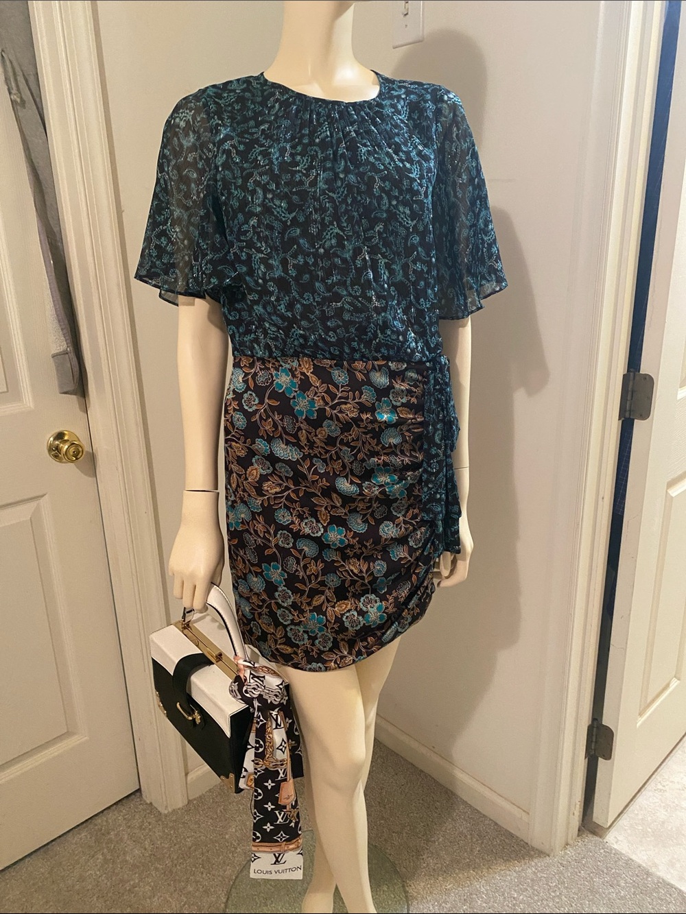Misa Los Angeles Teal and Brown Floral Wrap Mini Dress